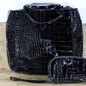 HARPER & HYDE 2Pcs Black Croc Embossed Vegan Leather Tote Crossbody Bag, sm bag
